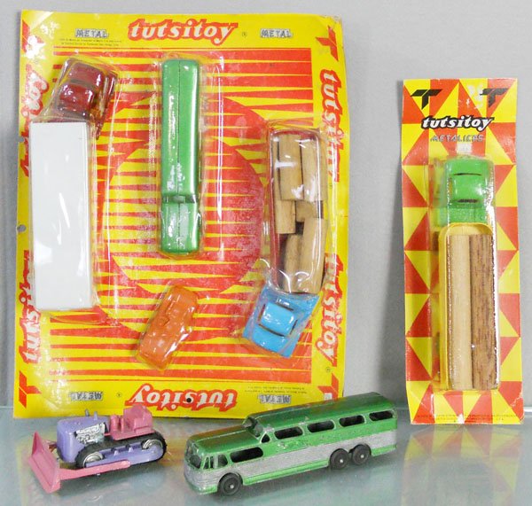 TUTSITOY VEHICLE LOT: 4-piece Set, factory sealed on orig card, card is curling, Mack Truck, factory sealed on orig card, Bulldozer, Greyhound Bus, C7-10.
