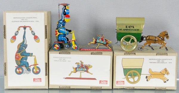 3 PAYA TOYS: litho tin, 672 Elephant Cart, 6” tall, windup working, 360 Rabbit Penny Toy, 4” long, 248 Covered Wagon, 5 1/2” long, orig boxes, reproductions made in the 1980’s, C9.