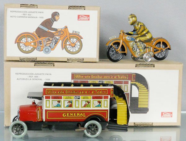2 PAYA VEHICLES: litho tin, windups working, 922 Motorcycle, 6 1/2” long, 806 Bus, 8 1/2” long, orig boxes & inserts, reproductions made in the 1980’s, C9.