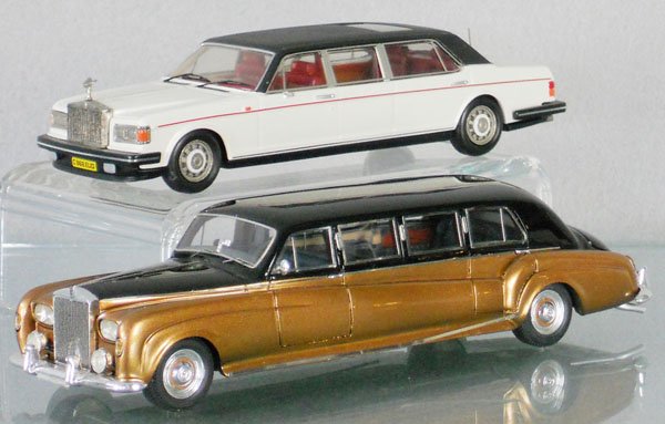 2 ROLLS ROYCE LIMOUSINE MODELS: resin, Mini Mini Esdo #6 Silver Spur Limo, French, sideview mirror loose & taped to bottom of car, unmarked Phantom LWB, 2 pieces of trim loose, missing hood ornament, C8.