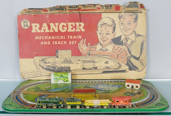 RANGER TRAIN SET: litho tin, 21 1/2” base, 4-piece train set, windup working, orig box rough, C6-7.