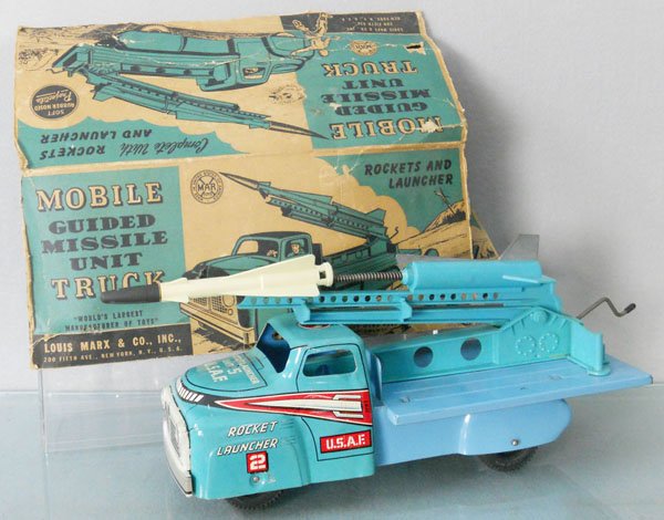MARX MOBILE MISSILE TRUCK: litho tin, working, 13” long, orig box rough, C7.