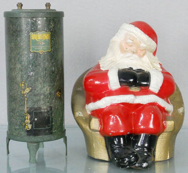 2 STILL BANKS: Rex Water Heater, litho tin, 7 1/2” tall, Santa Claus, die cast, 6 1/2” tall, w/Yonkers imprint on back, C5-6.