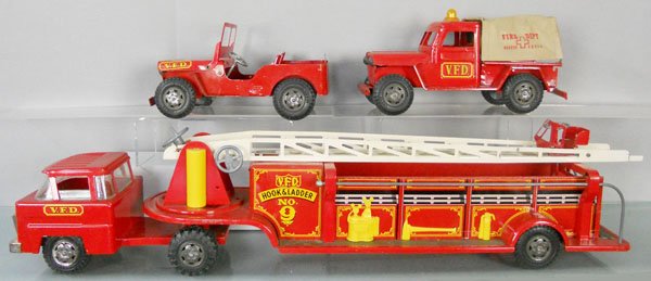 LUMAR FIRE DEPT SET: painted pressed steel, Hook & Ladder, 33” long, Rescue Jeep, 13” long, missing tailgate, oxidation spot on roof, Jeep, 11” long, C5-7.