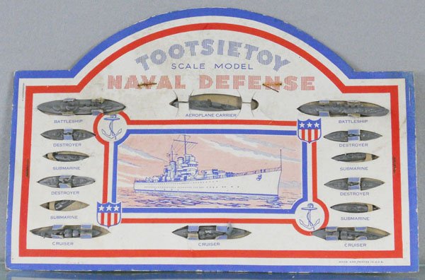 TOOTSIETOY NAVAL DEFENSE SET: contains 14 die cast ships mounted on orig card, card has minor wear & staining, C7-8.