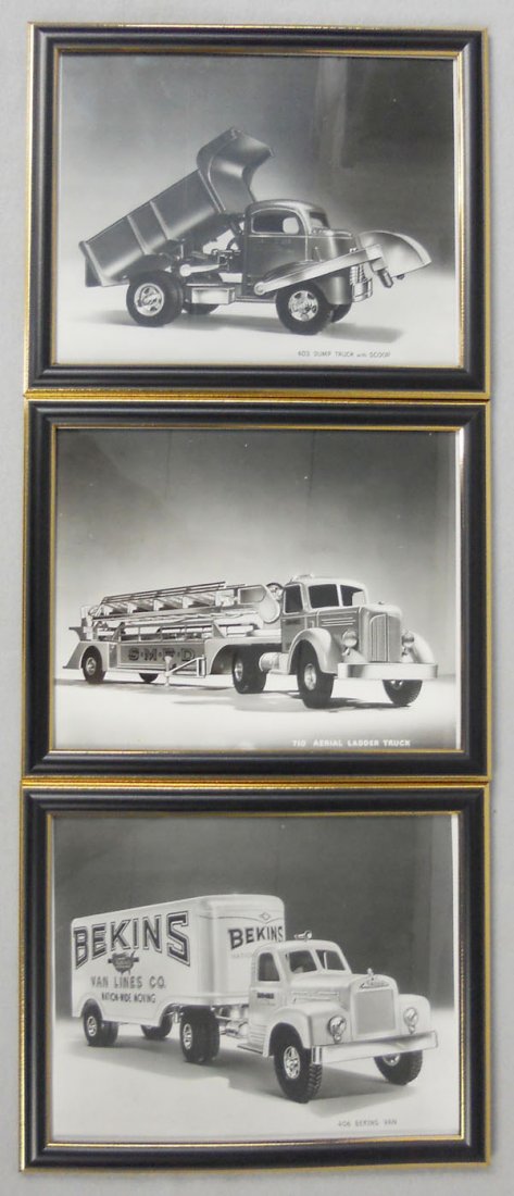 3 SMITH MILLER FACTORY PHOTOS: orig photos, 8” by 10”, 403 Dump Truck w/Scoop, 406 Bekins Van, 710 Aerial Ladder Truck, framed, C8.