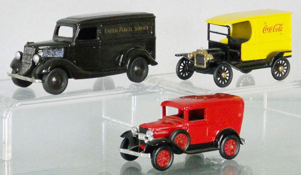 3 NOSTALGIC MINIATURES FORDS: white metal, 1936 UPS Panel Truck, Ford Coca Cola Truck, 1931 Model A, C9.
