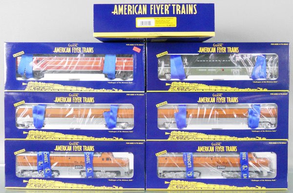 AMERICAN FLYER DRGW TRAIN SET: S ga, 48155 set contains 48156 & 48157 PRR diesels, w/cars 49935, 49946, 2 #49945, orig boxes & inserts, C10.