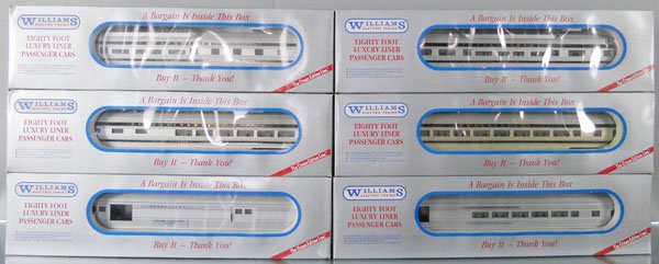 6 WILLIAMS PASSENGER CARS: O ga, 80', REA baggage, Edison, Betsy Ross, Molly Pitcher, William Penn, Alexander Hamilton obsv, orig boxes & inserts minor wear, C9.