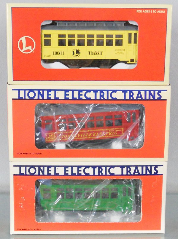 3 LIONEL TROLLEYS: O ga, 18431, 18419, 18404, orig boxes & inserts, C8-9.