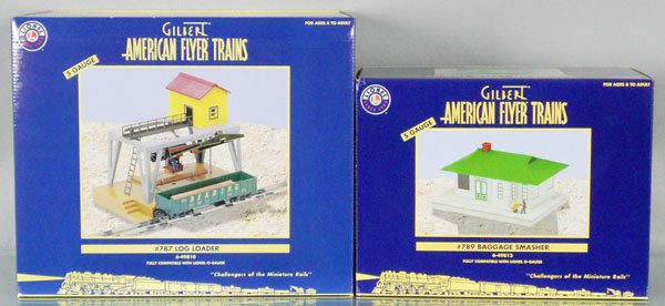 2 AMERICAN FLYER ACCESSORIES: O ga, 49813 baggage smasher, 49810 log loader, orig boxes & inserts, C10.