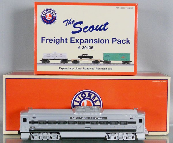 LIONEL TRAIN LOT: O ga, 35481 NYC jet-powered add-on passenger car, 30135 The Scout Freight Expansion Pack, orig boxes & inserts, C10.