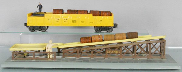 LIONEL BARREL LOADER SET: O ga, 3562-50 barrel car w/barrel loader, missing flapper, C5-6.