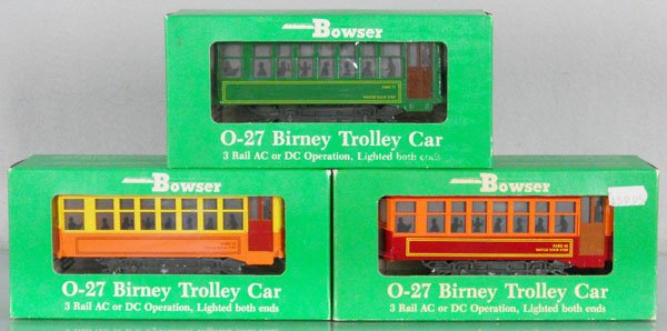 3 BOWSER BIRNEY TROLLEY CARS: O ga, orig boxes minor wear, C8.