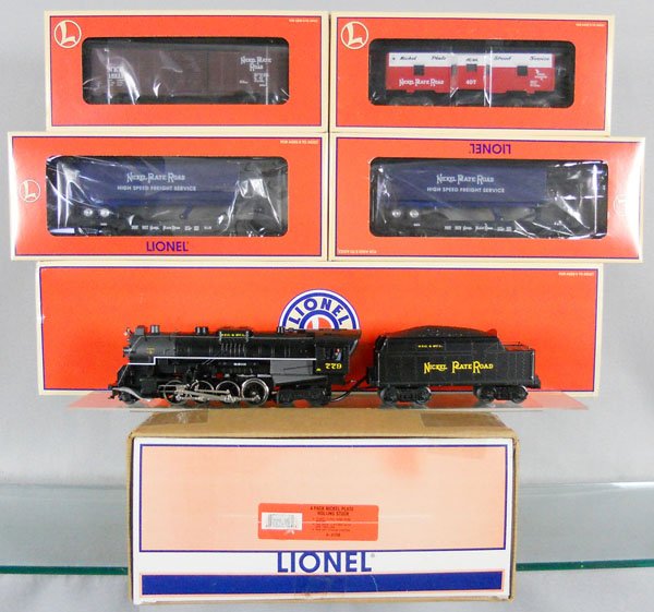 LIONEL NICKEL PLATE ROAD TRAIN SET: O ga, 38610 NPR Berkshire loco & tender, w/sound, w/21750 4-pack of NPR rolling stock containing 26200, 26949, 26950, 19752, orig boxes, set box & inserts, set box sunfaded, C10.