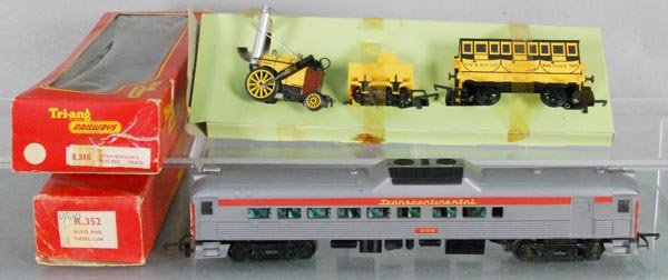 TRIANG TRAIN LOT: HO ga, 2-rail, R346 Stevenson's Rocket, R352 Budd diesel car, orig boxes worn, C8.