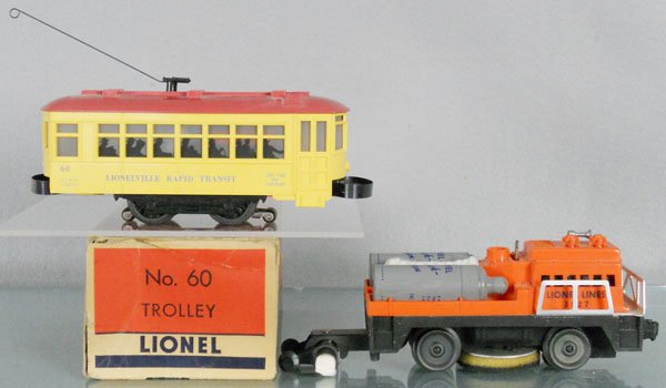 2 LIONEL MOTORIZED UNITS: O ga, 60 trolley, blue letters, orig box & insert, 3927 track cleaning car, solid track fluid bottles, C6-7.