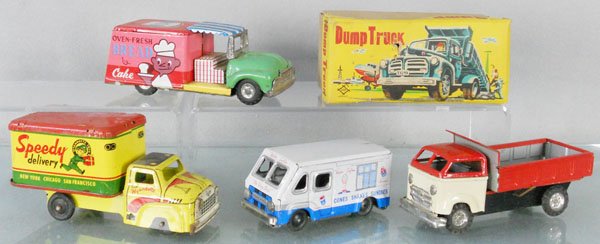 4 TIN TOYS: 4” to 6” long, Bread Truck, Speedy Delivery, Ice Cream Truck, Dump Truck, w/orig box, C5-7.