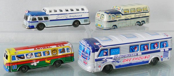 4 TIN BUSES: litho tin, 5” to 9” long, 3 Greyhounds, 1 missing 3 hub caps, 1 Animal Bus, C5-7.