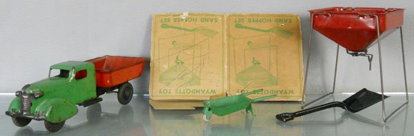 2 WYANDOTTE TOYS: Dump Truck, 10 1/2” long, w/Sand Hopper set, orig box rough, C5-6.