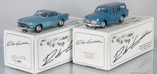 2 ROB EDDIE MODEL VOLVOS: white metal, RE226, 1961 Volvo P1800 & #10 1969 Volvo Amazon, orig boxes, C9.