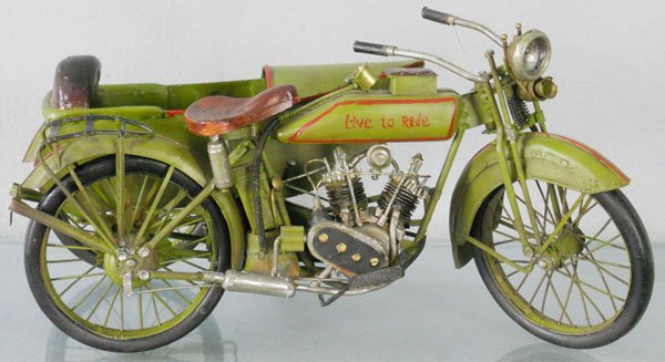EARLY HARLEY DAVIDSON MOTORCYCLE & SIDECAR: made in People’s Republic of China, handpainted tin, 12” long, C9.