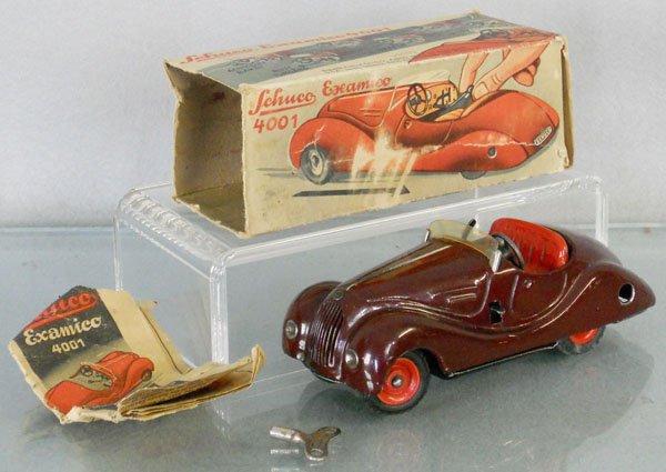 SCHUCO EXAMICO 4001: painted tin, windup working, w/key & instructions, orig box rough, C7.