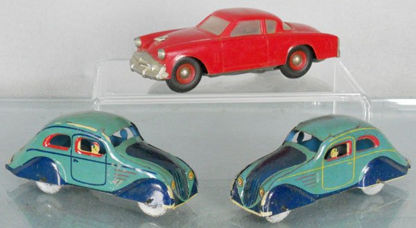 3 TOY AUTOS: Dux Studebaker, plastic, 5 1/2” long, 2 Paya Coupes, 5” long, orig issue, C6-7.