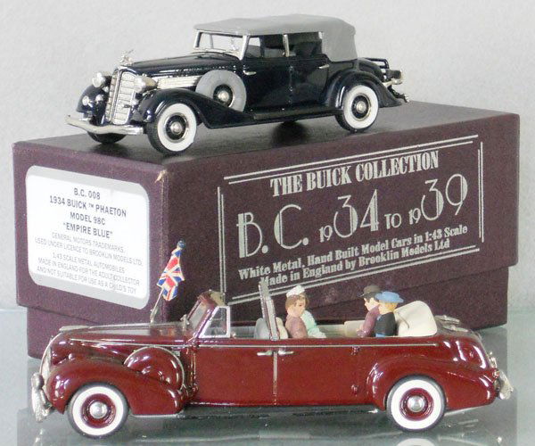 2 1930’S BUICK MODELS: white metal, MAE Scale Models 1939 McLaughlin Buick Royal Tour Car, w/British Royal Family, missing 1 sideview mirror, glue residue on front fender, Brooklin Models 1934 Phaeton, w/orig box, C8-9.