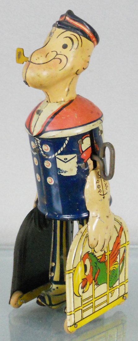 MARX POPEYE & PARROTS: litho tin, windup not working, 8” tall, C5.