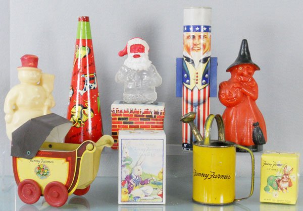 10 FANNY FARMER CANDY BOXES: plastic, wood & tin, Snowman, Witch, Horn, Santa on Chimney, Uncle Sam, Baby Carriage, 2 Candy Boxes, tin Watering Can, C5-8.