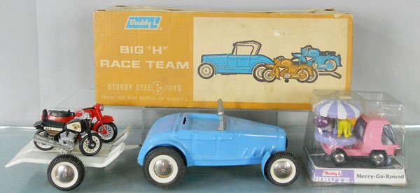 BUDDY L VEHICLES: Big H Race Team w/2 incom Motorcycles, orig box, Brute Merry-Go-Round, factory sealed in orig box, C5-8.