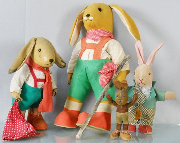4 PLUSH RABBIT TOYS: no markings, 9” to 22” tall, some moth holes, C4-6.