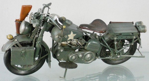 HARLEY DAVIDSON ARMY MOTORCYCLE: made in People’s Republic of China, handpainted tin, 11” long, C9.
