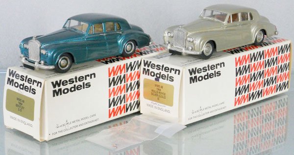2 WESTERN MODELS 1964 SEDANS: white metal, WMS49 1964 Bentley S III, sideview mirror taped to car bottom, WMS48 1964 Rolls Royce Silver Cloud III, w/hood ornament & sideview mirror in baggie, orig boxes & inserts, C8-9.