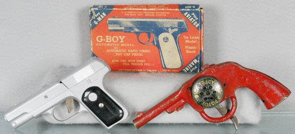 2 TOY GUNS: Acme G-Boy cap gun, 6 1/2” long, w/worn orig box, Marx Dick Tracy Siren Pistol, working, 8 1/2” long, C4-9.