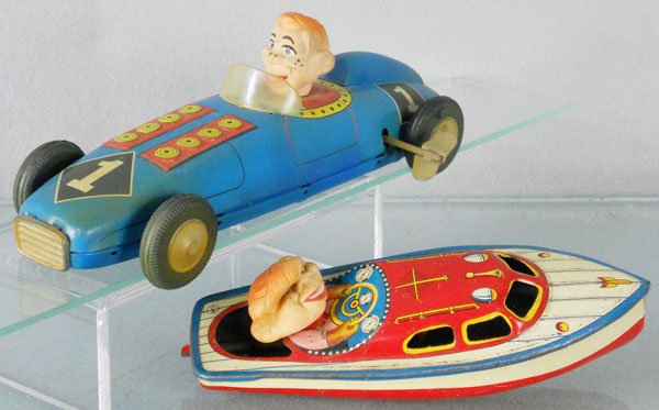 2 HOWDY DOODY TOYS: litho tin, Racer, 9 1/2” long, windup working, Boat, 7” long, missing motor, head squished, C5-6.