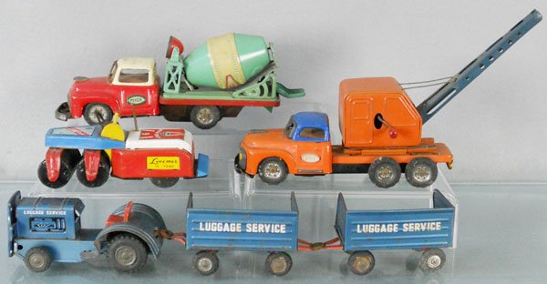 4 TIN VEHICLES: litho tin, 5 1/2” to 13 1/2” long, Cement Mixer, Crane, missing hook, Roadroller, Luggage Service, missing 1 hub cap, C4-5.