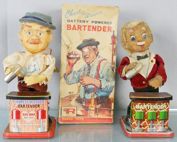 2 BARTENDER TOYS: Charley Weaver & Bartender, 12” tall, battery operated, not working, dirty, 1 orig box only, box worn, C4-5.