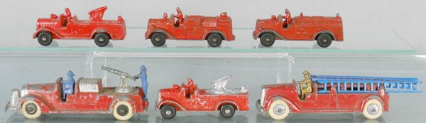 6 TOOTSIETOY FIRE ENGINES: 2 #238 Hose Cars, 237 Insurance Patrol, 236 Hook & Ladder, 1041 Hose Car, 1040 Hook & Ladder, C5.