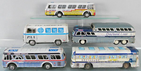 5 TIN BUSES: lithotin, 8” to 11” long, Continental Bus, 3 Greyhound Buses, 1 has oxidation, Pan Am Bus, frictions working, C5-6.