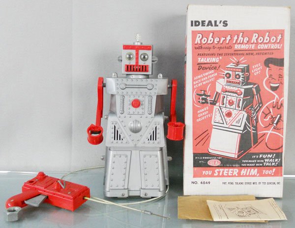 IDEAL ROBERT THE ROBOT: plastic, battery operated, not working, 14” tall, orig box, C8.