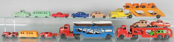 TOOTSIETOY VEHICLE TRANSPORTS: Boat Hauler, 2 Car Haulers, w/14 3” cars, C4-7.