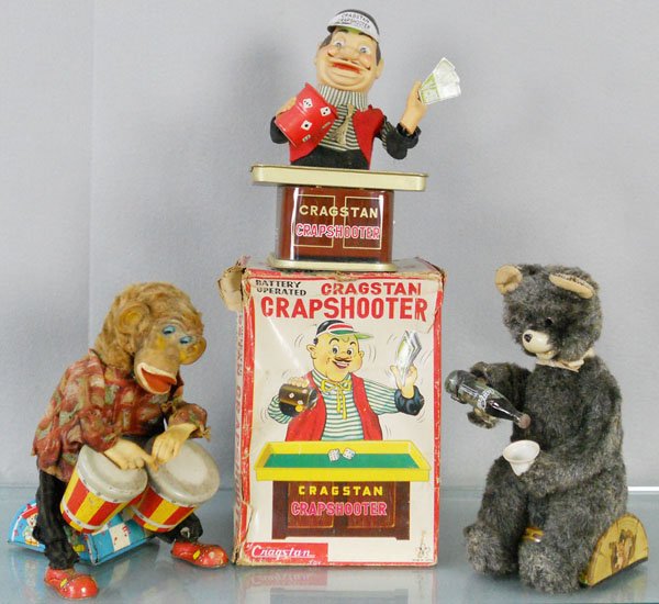 3 BATTERY TOYS: Cragstan Crapshooter, 9 1/2” tall, orig box rough, Alps Monkey Bongo Player, 9” tall, Drinking Bear, 10” tall, all battery operated, not working, C4-5.