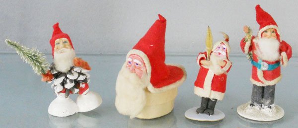 4 HOLIDAY SANTAS: Japan, Pinecone Santa, 3” tall, Candy Box, 3” tall, Standing Santa, 3” tall, Standing Santa, 4” tall, C6-8.