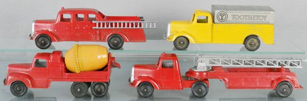 4 TOOTSIETOY MACK TRUCKS: Pumper, Van, Mixer, Hook & Ladder, C5-8.