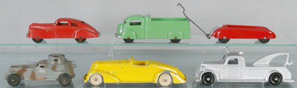 6 TOOTSIETOY AUTOS: Buick Coupe, 1010 Box Truck, Streamlined Wagon, 4035 Armoured Car, 1016 Speedster, 1027 Wrecker, C5-8.