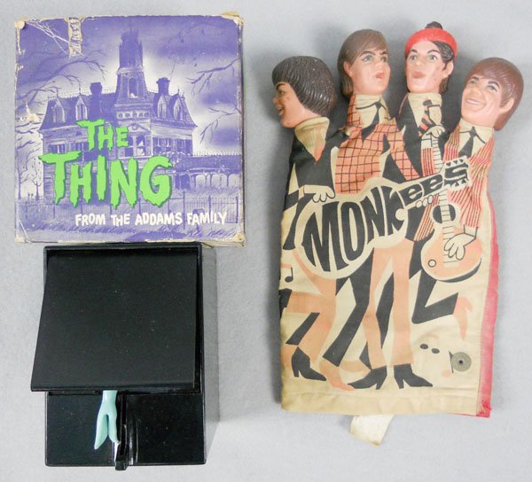 2 1960’s TV TOYS: Addam’s Family The Thing Bank, plastic, not working, orig box worn, Mattel The Monkees Puppet, missing mechanism, C5-6.