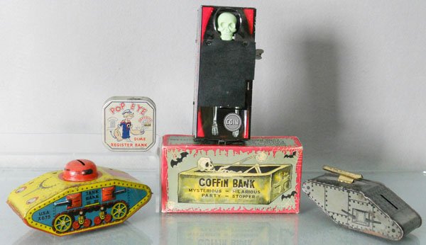 4 TOY BANKS: litho tin, Tank Bank, 6” long, Popeye Register, 2 1/2” long, Coffin Bank, 6 1/2” long, working, orig box, Treat “Em Rough Tank Bank, 5 1/4” long, C5-7.