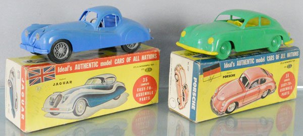 2 IDEAL SPORTS CARS: plastic, 3082 Jaguar, 8 1/2” long, 3707 Porsche, missing some rear trim, 8 1/2” long, orig boxes minor wear, C7.